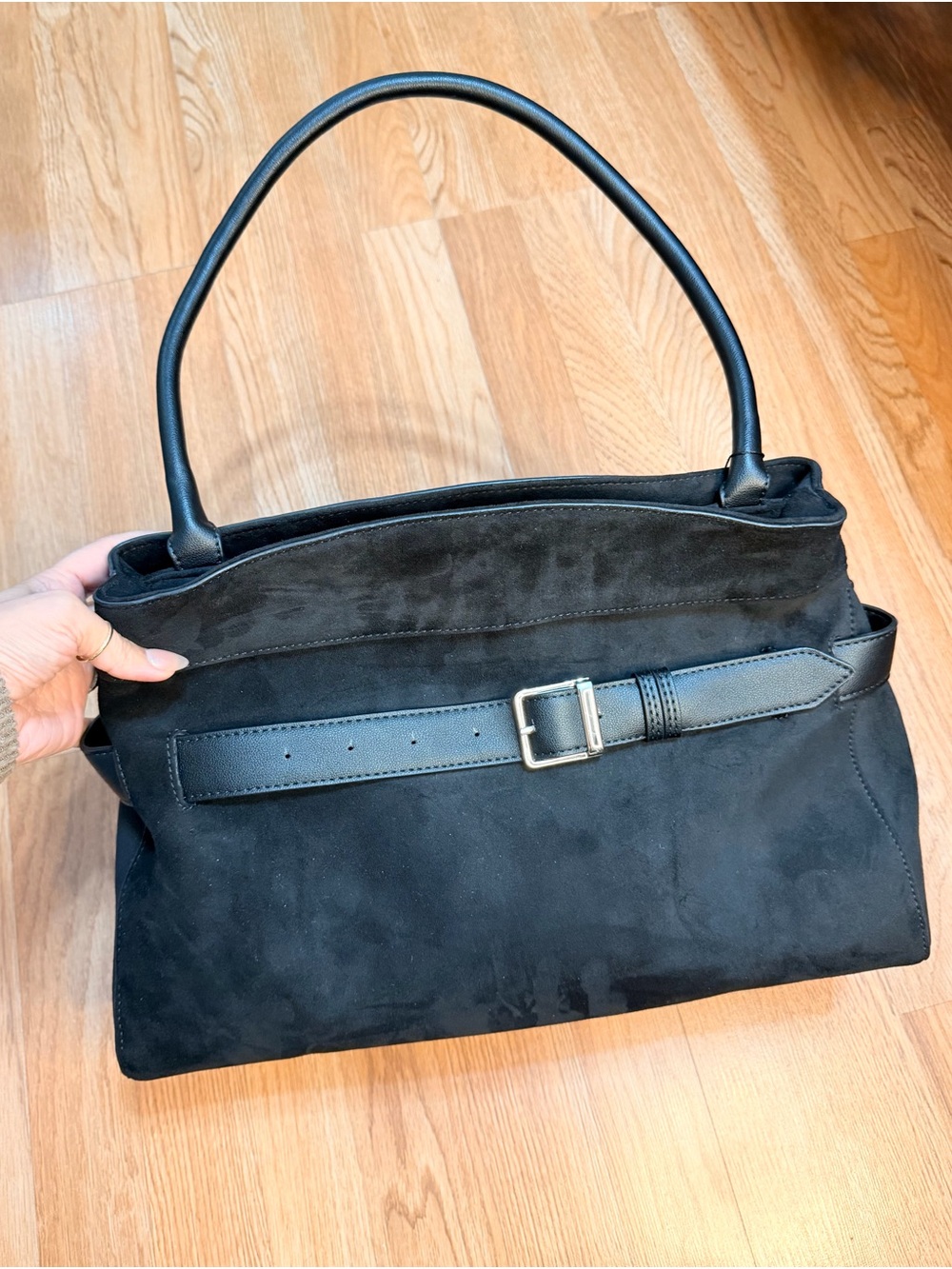 Time and Tru Black Suede Shoulder Bag with Belt Accent